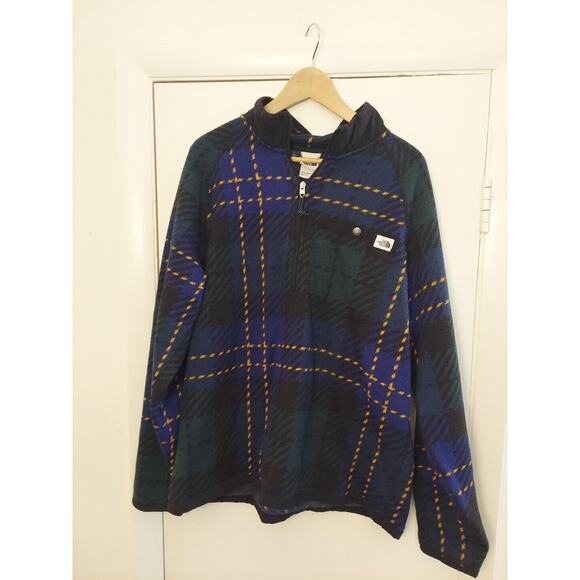 The North Face Men's XL Gordon Lyons Pullover Green Blue Plaid 1/4 Zip Pocket
